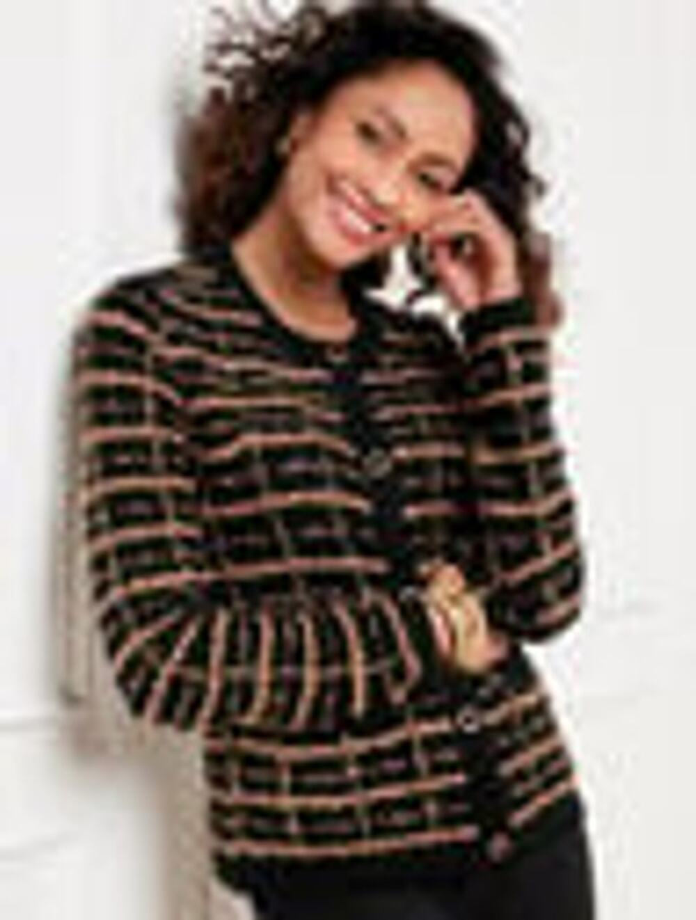 Talbots Bouclé Plaid Cardigan Black & Gold Metallic Preppy Sweater Jacket Size L